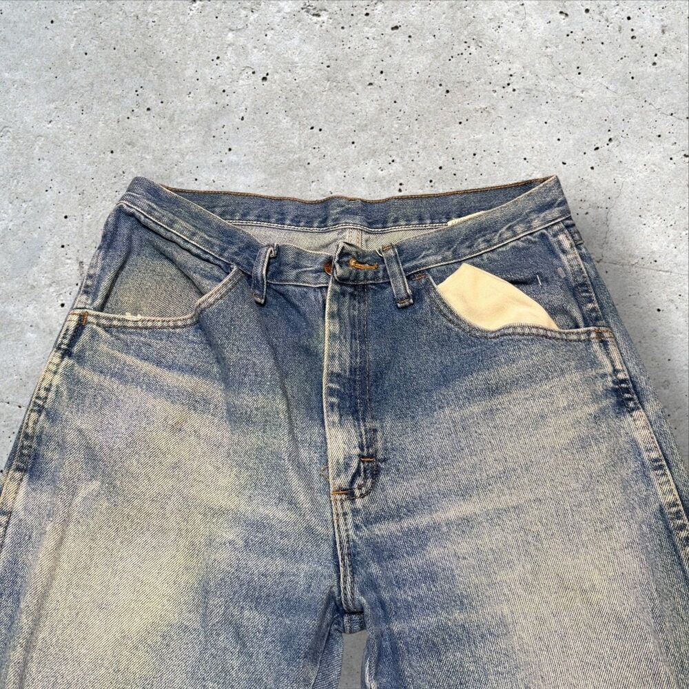 Vintage Light Wash Straight Leg Jeans Mens 33x32 Faded Distressed Raw Hem Peace - Picture 6 of 13